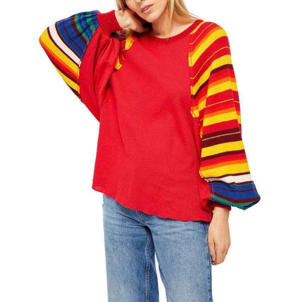Free People Red Pullover with Multicolor Striped Balloon Sleeves